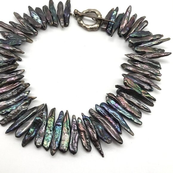 Vintage 925 Sterling Silver Chunky Abalone Unique Abstract Toggle Necklace - Picture 3 of 11